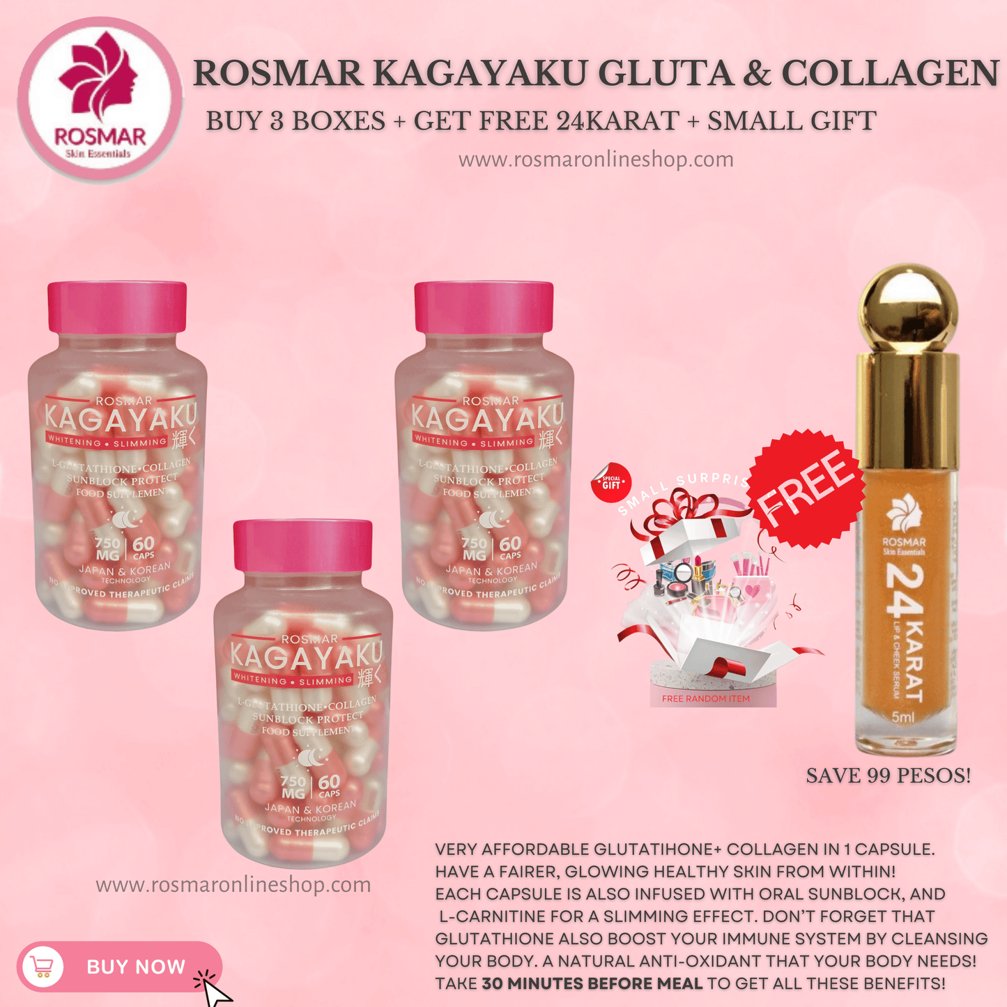 Rosmar Kagayaku Caps 60 Caps | Whitening & Slimming | Gluta , Collagen & Oral Sun Rosmar Online Shop