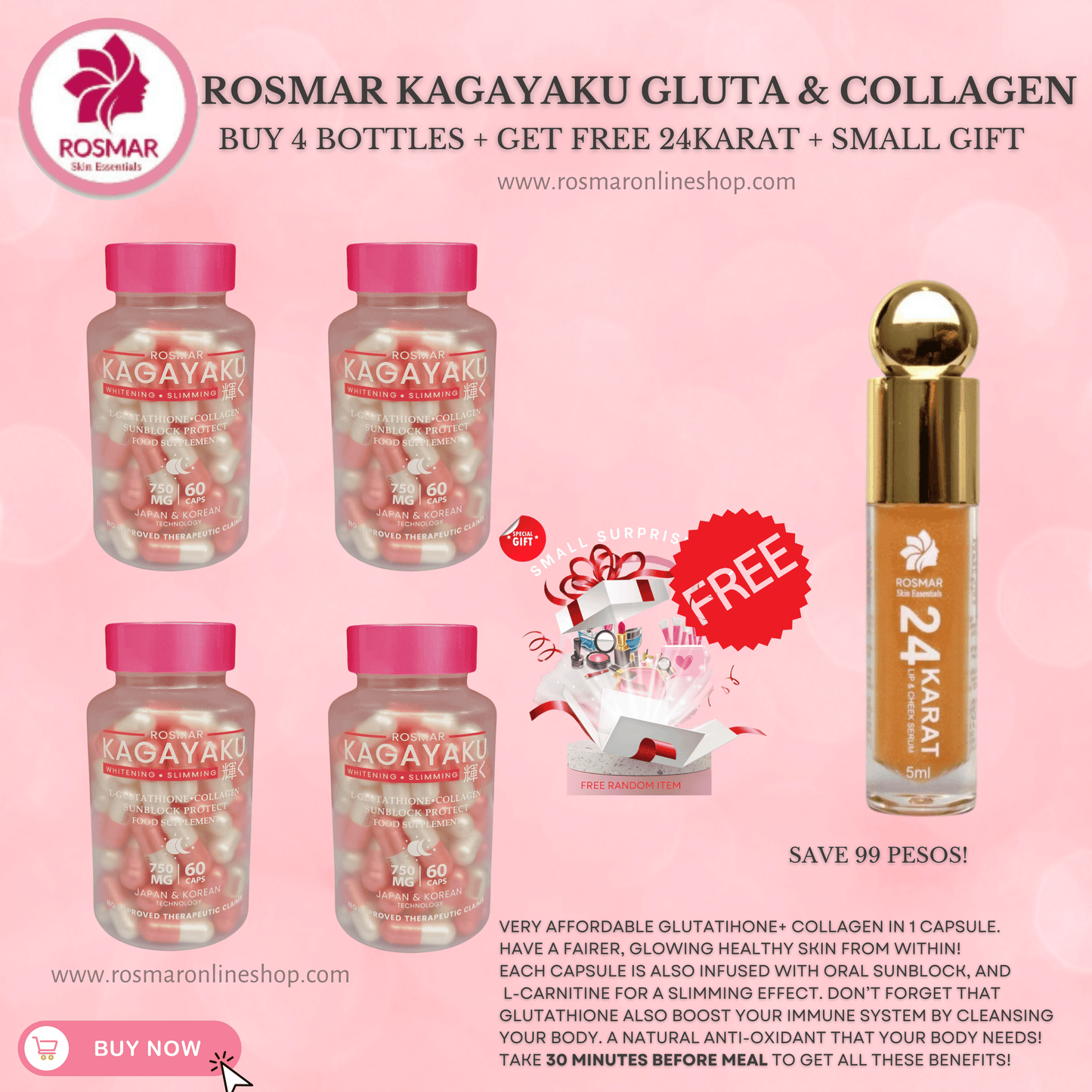 Rosmar Kagayaku Caps 60 Caps | Whitening & Slimming | Gluta , Collagen & Oral Sun Rosmar Online Shop