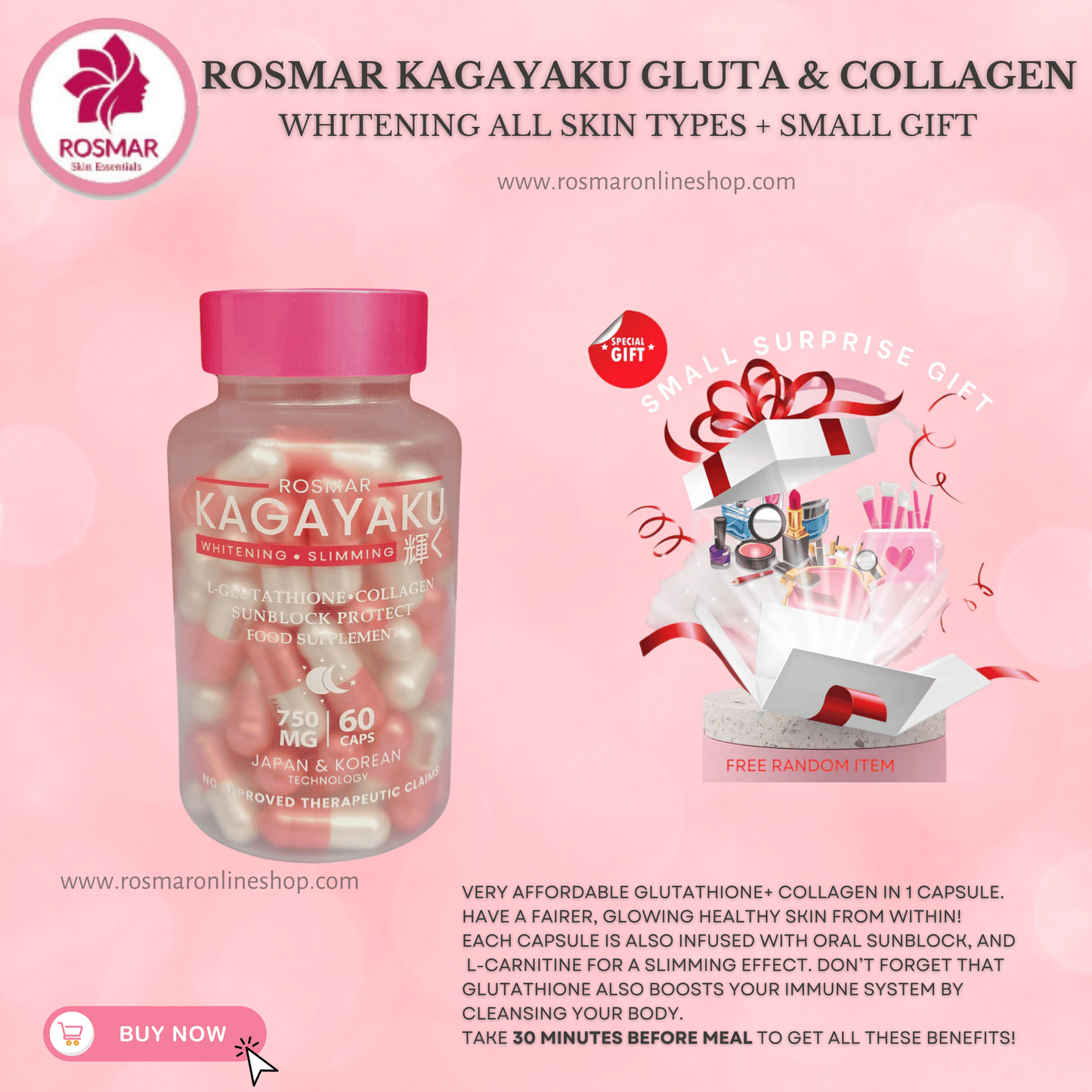 Rosmar Kagayaku Capsules 60 Capsules | Whitening & Slimming | Gluta , Collagen & Oral Sun Rosmar Online Shop 1 BOX + GET 1 FREE GIFT