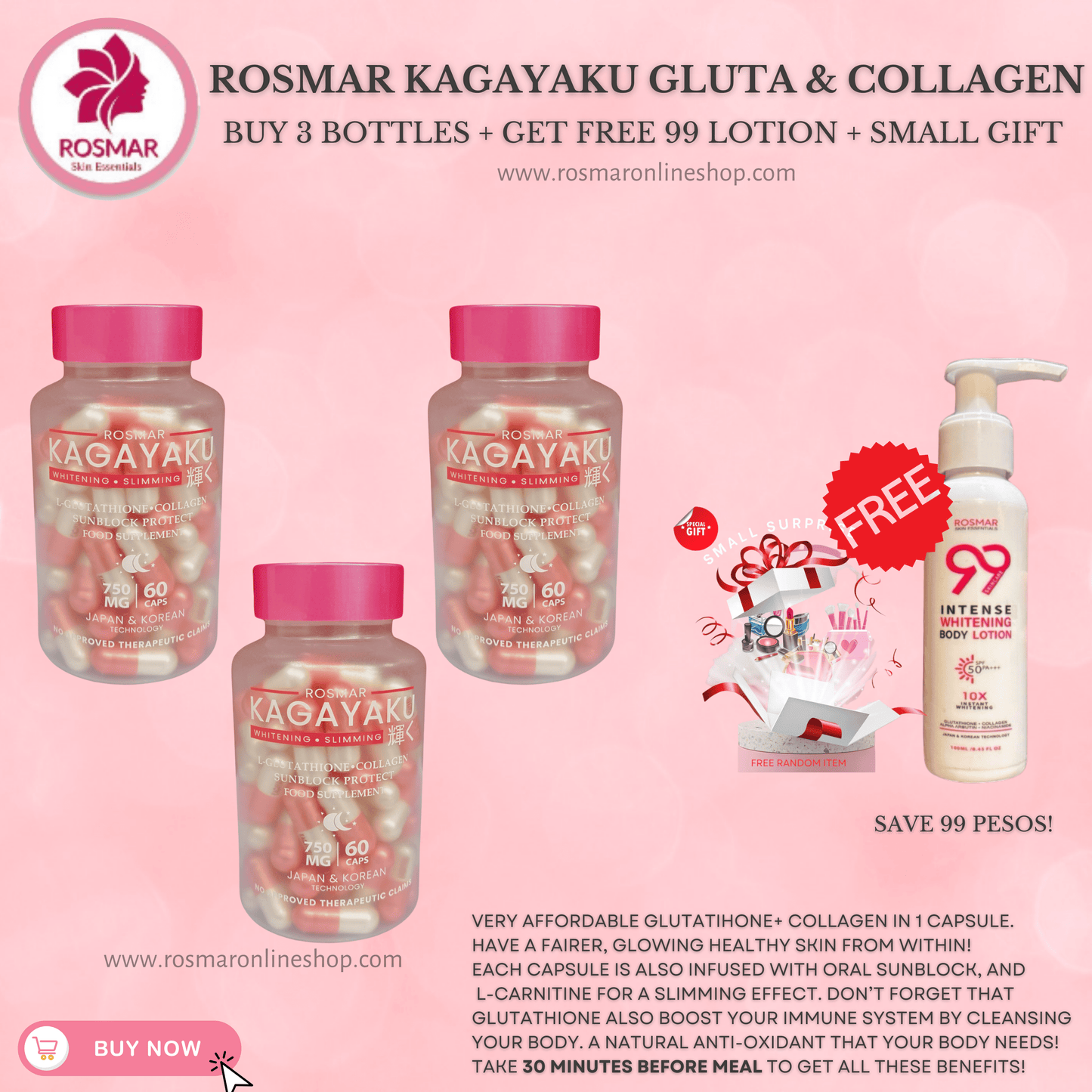 Rosmar Kagayaku Capsules 60 Capsules | Whitening & Slimming | Gluta , Collagen & Oral Sun Rosmar Online Shop 3 BOXES + FREE 99 BODY LOTION + 1 FREE GIFT