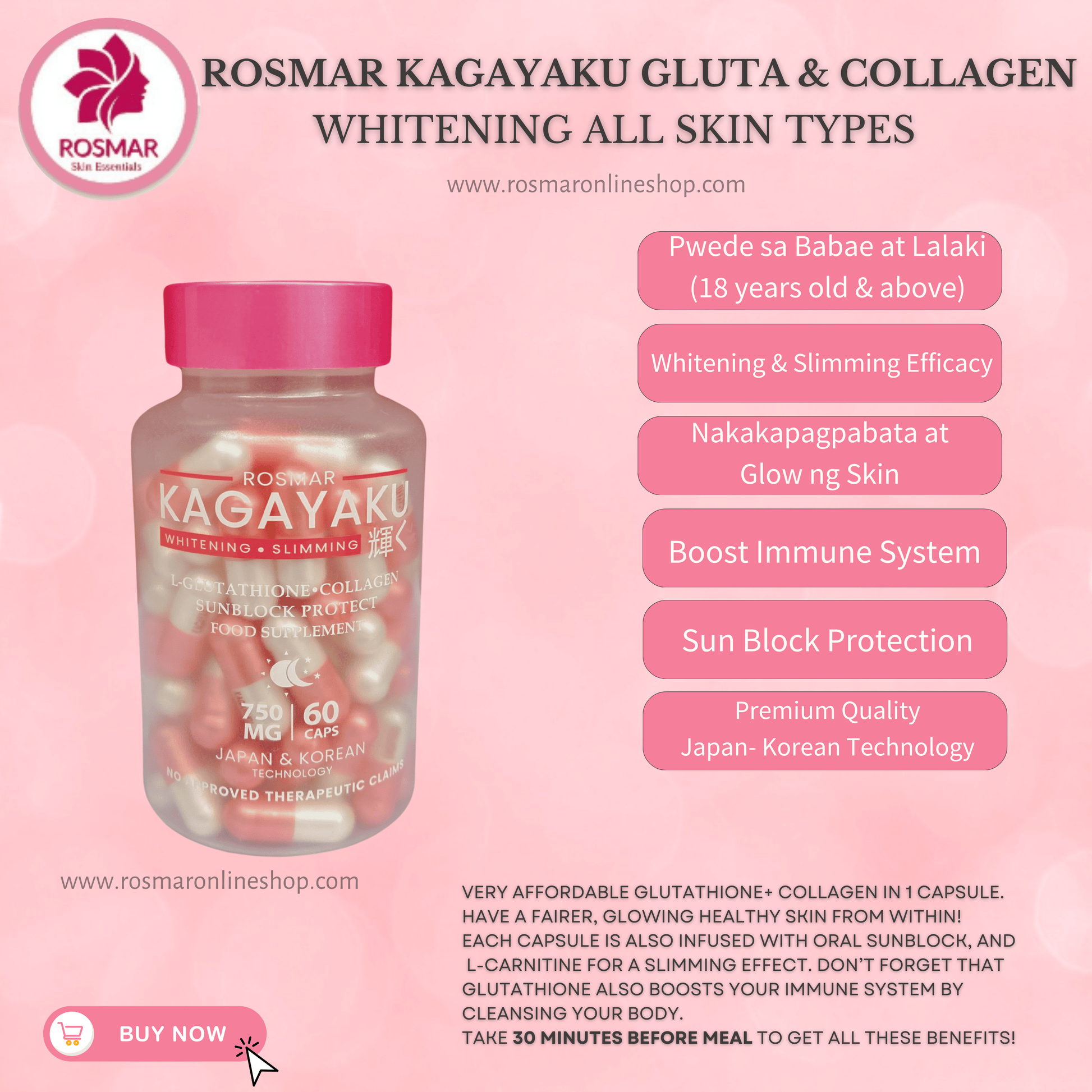 Rosmar Kagayaku Capsules 60 Capsules | Whitening & Slimming | Gluta , Collagen & Oral Sun Rosmar Online Shop