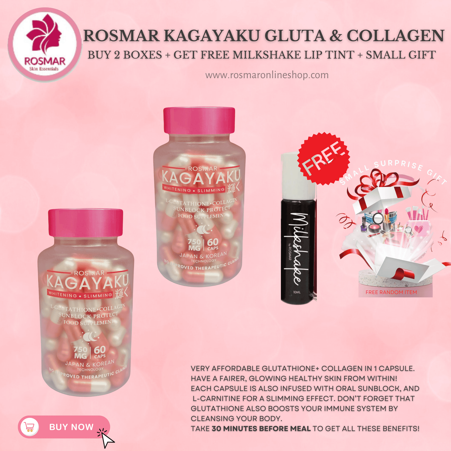 Rosmar Kagayaku Capsules 60 Capsules | Whitening & Slimming | Gluta , Collagen & Oral Sun Rosmar Online Shop