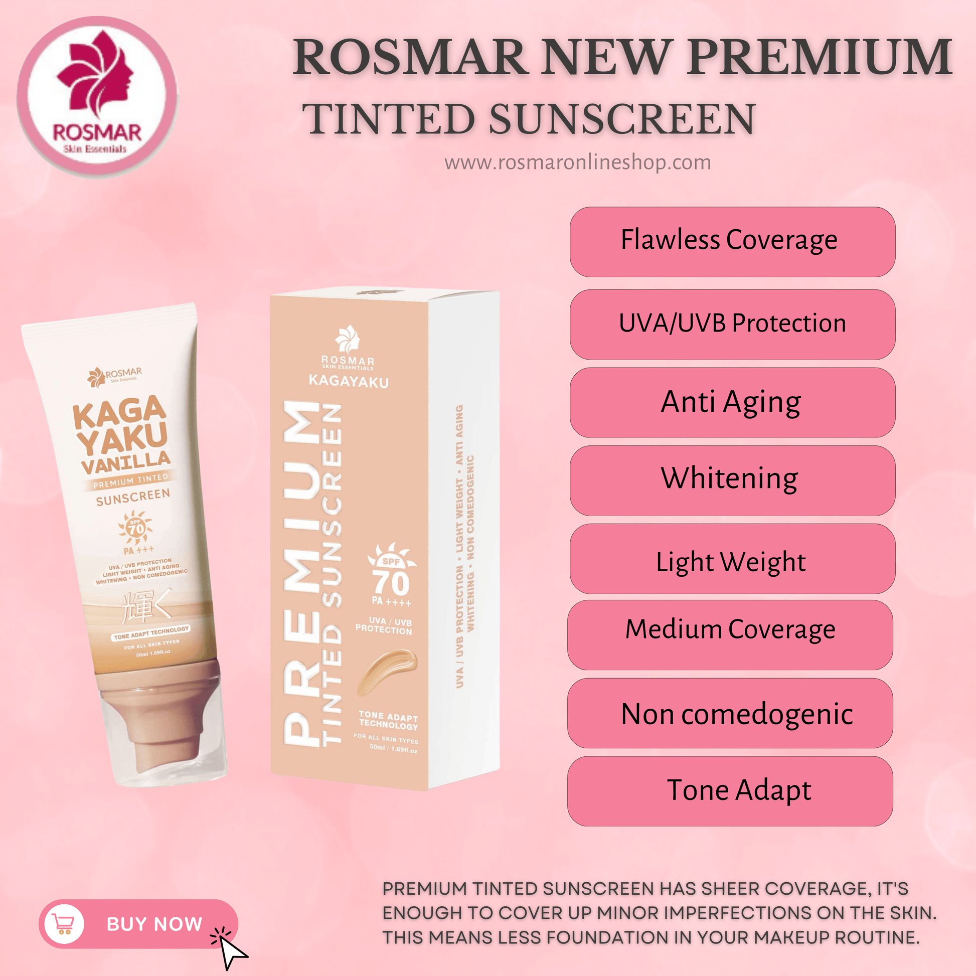 Rosmar Kagayaku Premium Tinted Sunscreen SPF 70 PA ++++ Rosmar Online Shop 1 ROSMAR TINTED SUNSCREEN + FREE GIFT