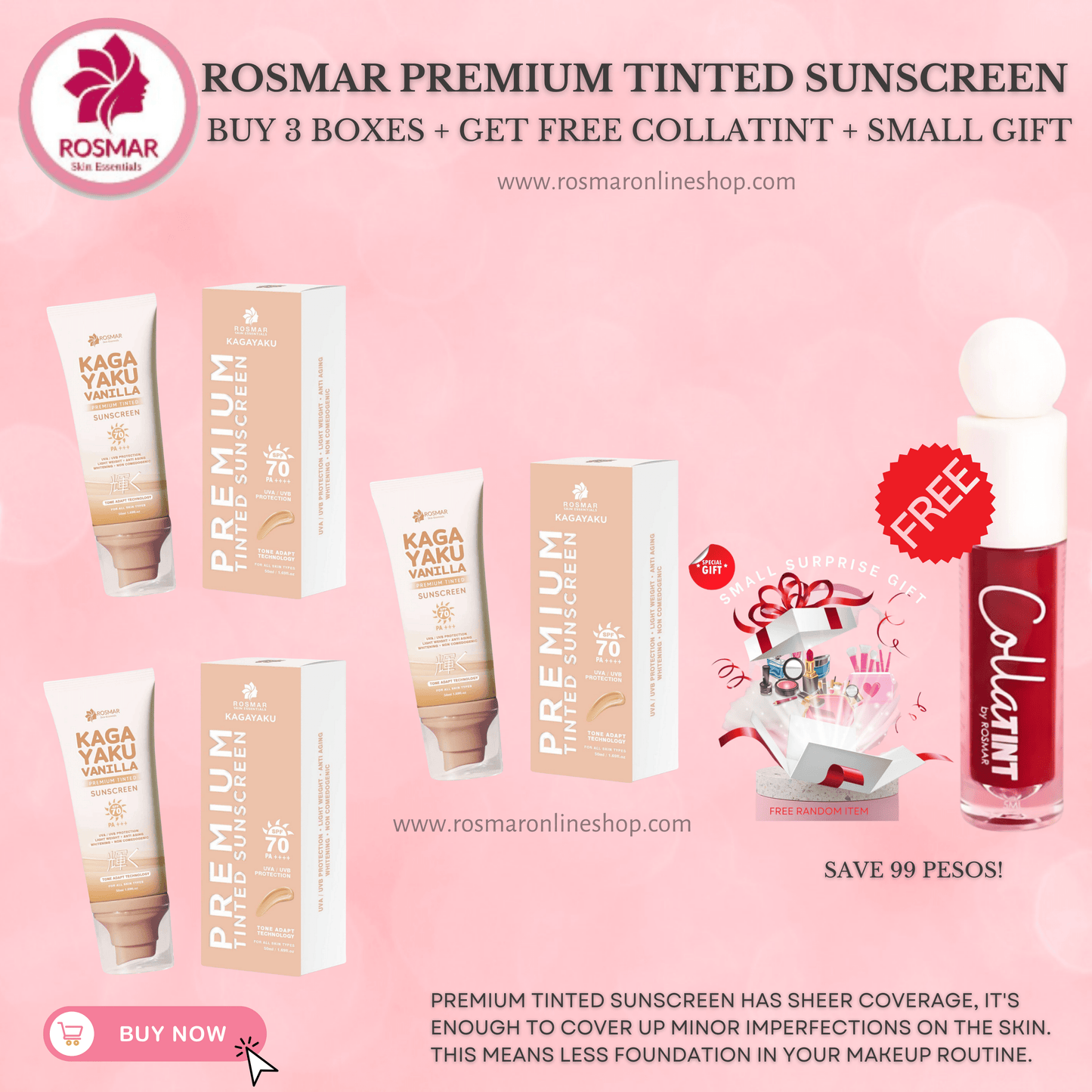Rosmar Kagayaku Premium Tinted Sunscreen SPF 70 PA ++++ Rosmar Online Shop 3 ROSMAR TINTED SUNSCREEN + FREE COLLATINT + SMALL GIFT