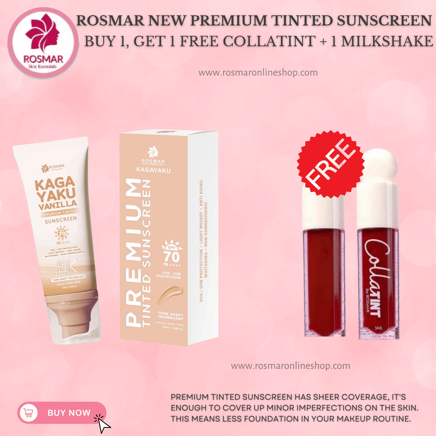 Rosmar Kagayaku Premium Tinted Sunscreen SPF 70 PA ++++ Rosmar Online Shop BUY 1 GET 1 FREE MILKSHAKE + 1 COLLATINT