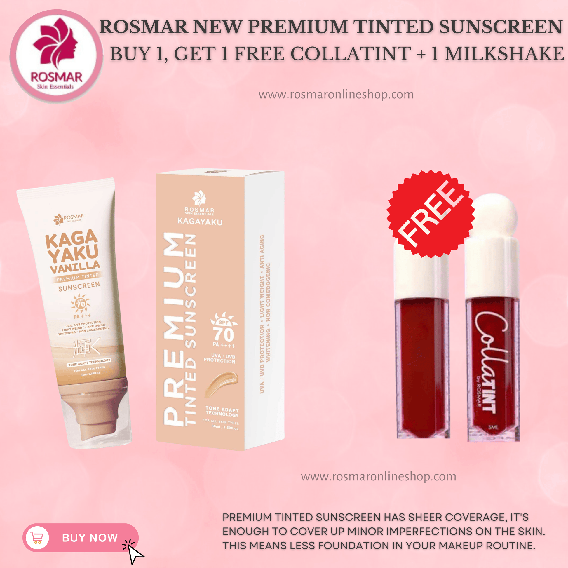 Rosmar Kagayaku Premium Tinted Sunscreen SPF 70 PA ++++ Rosmar Online Shop BUY 1 GET 1 FREE MILKSHAKE + 1 COLLATINT