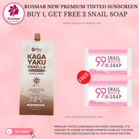 Rosmar Kagayaku Premium Tinted Sunscreen SPF 70 PA ++++ Rosmar Online Shop BUY 1 GET 2 FREE SNAIL SOAP
