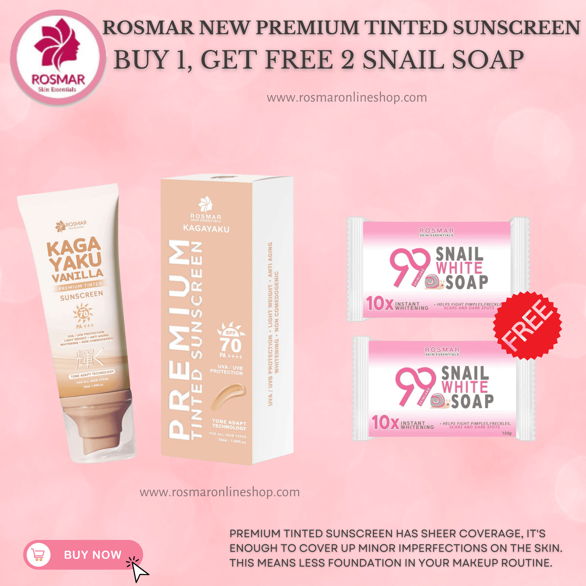 Rosmar Kagayaku Premium Tinted Sunscreen SPF 70 PA ++++ Rosmar Online Shop BUY 1 GET FREE 2 SNAIL SOAP
