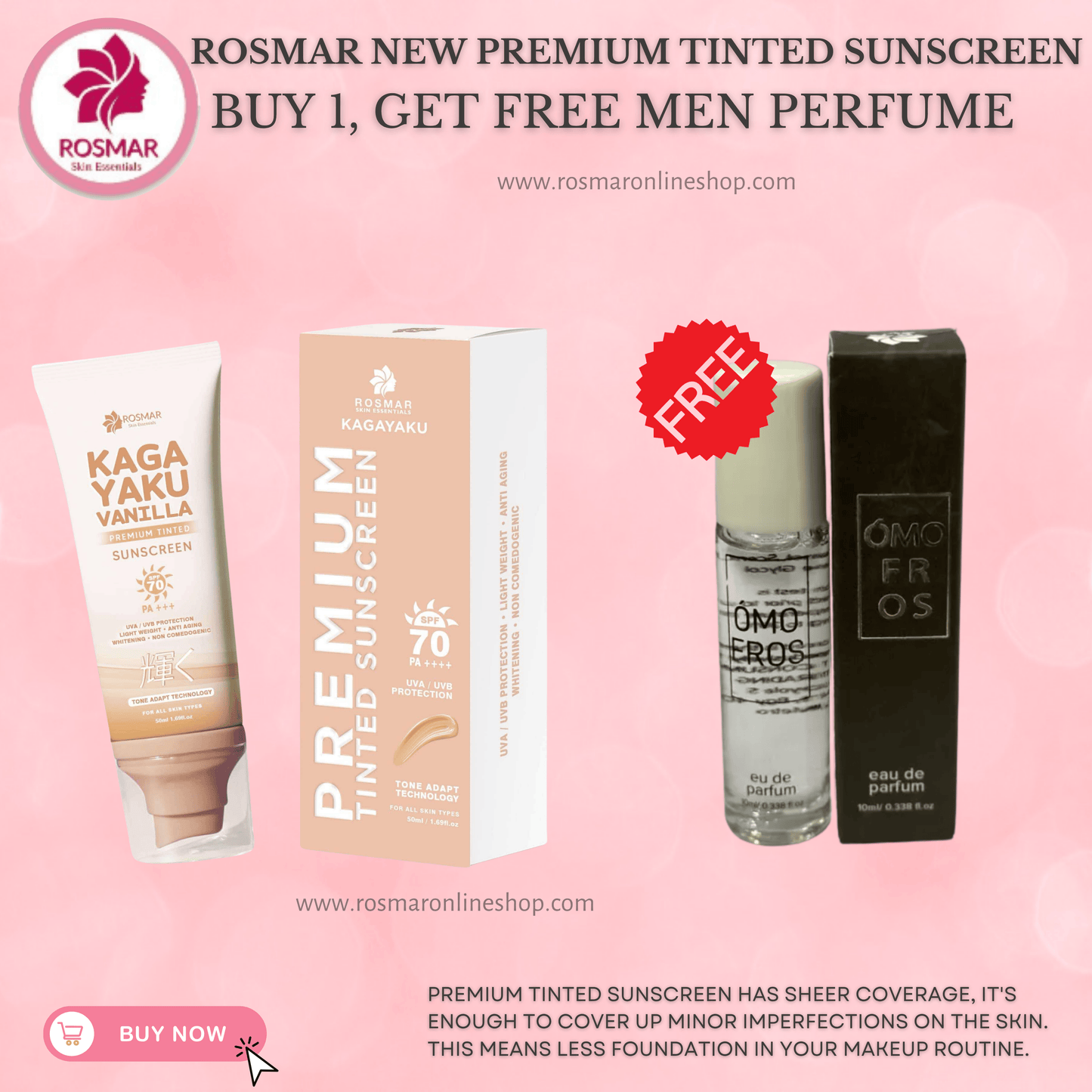 Rosmar Kagayaku Premium Tinted Sunscreen SPF 70 PA ++++ Rosmar Online Shop BUY 1 GET FREE MEN PERFUME (MINI)