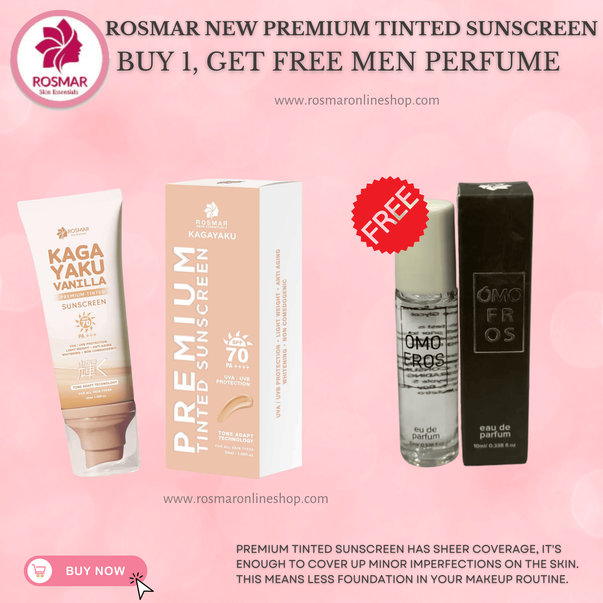 Rosmar Kagayaku Premium Tinted Sunscreen SPF 70 PA ++++ Rosmar Online Shop BUY 1 GET FREE MEN PERFUME (MINI)