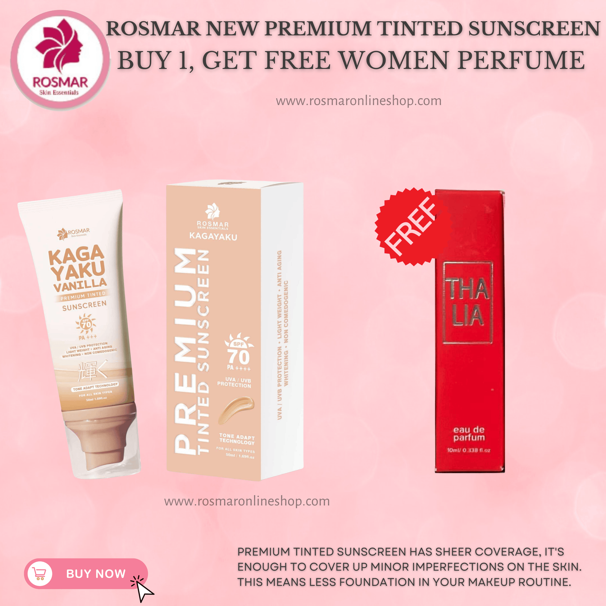 Rosmar Kagayaku Premium Tinted Sunscreen SPF 70 PA ++++ Rosmar Online Shop BUY 1 GET FREE WOMEN PERFUME (MINI)