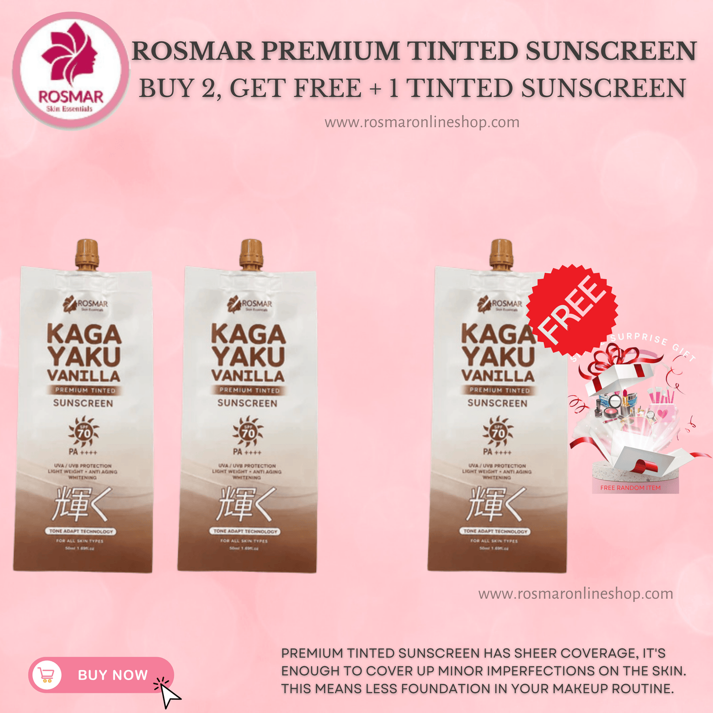 Rosmar Kagayaku Premium Tinted Sunscreen SPF 70 PA ++++ Rosmar Online Shop BUY 2 GET FREE + 1 TINTED SUNSCREEN