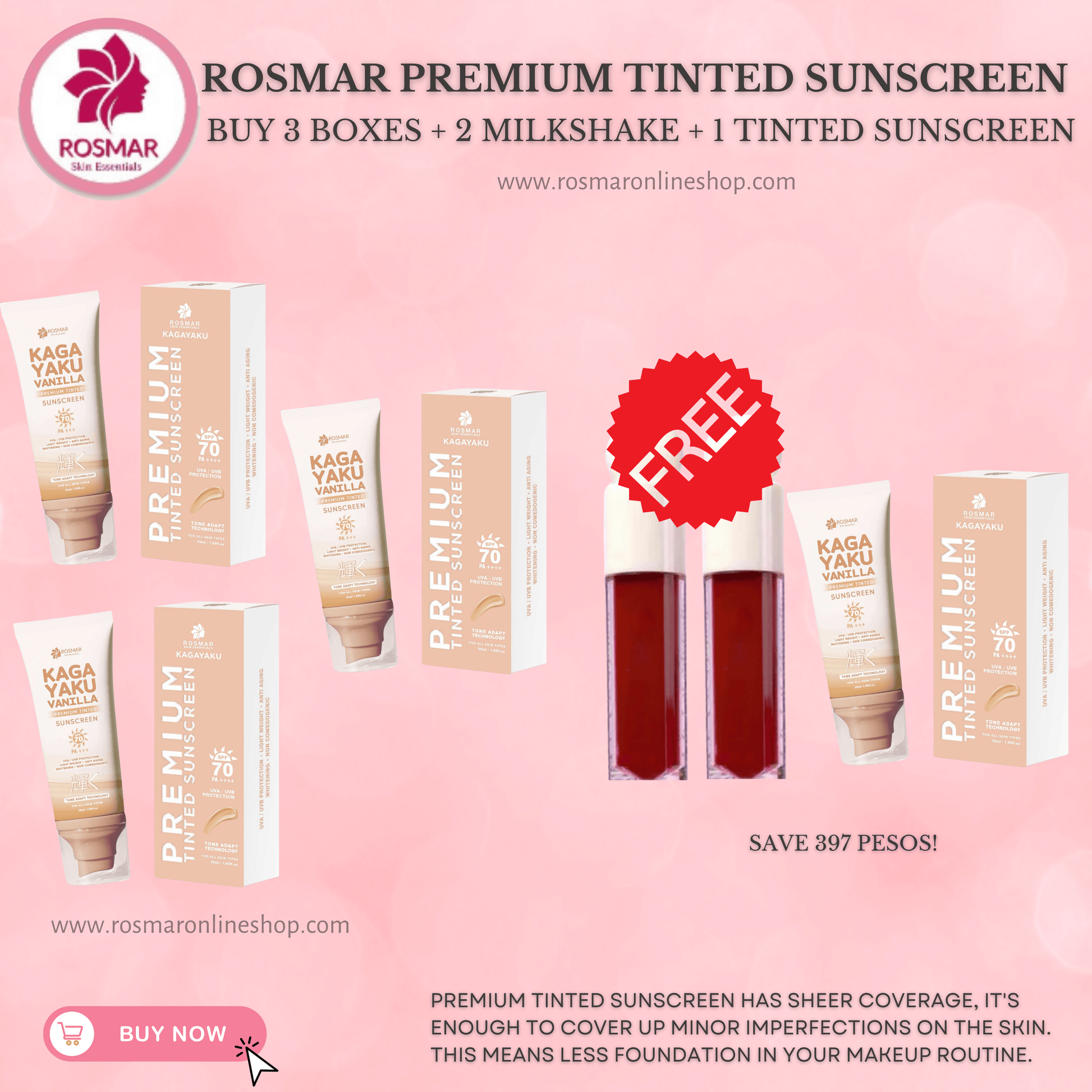 Rosmar Kagayaku Premium Tinted Sunscreen SPF 70 PA ++++ Rosmar Online Shop BUY 3 + GET 2 MILKSHAKE + TINTED SUNSCREEN