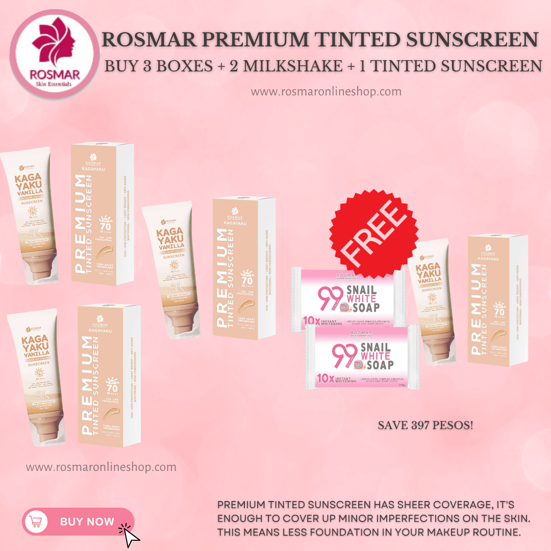 Rosmar Kagayaku Premium Tinted Sunscreen SPF 70 PA ++++ Rosmar Online Shop BUY 3 + GET 2 SNAIL SOAP + TINTED SUNSCREEN
