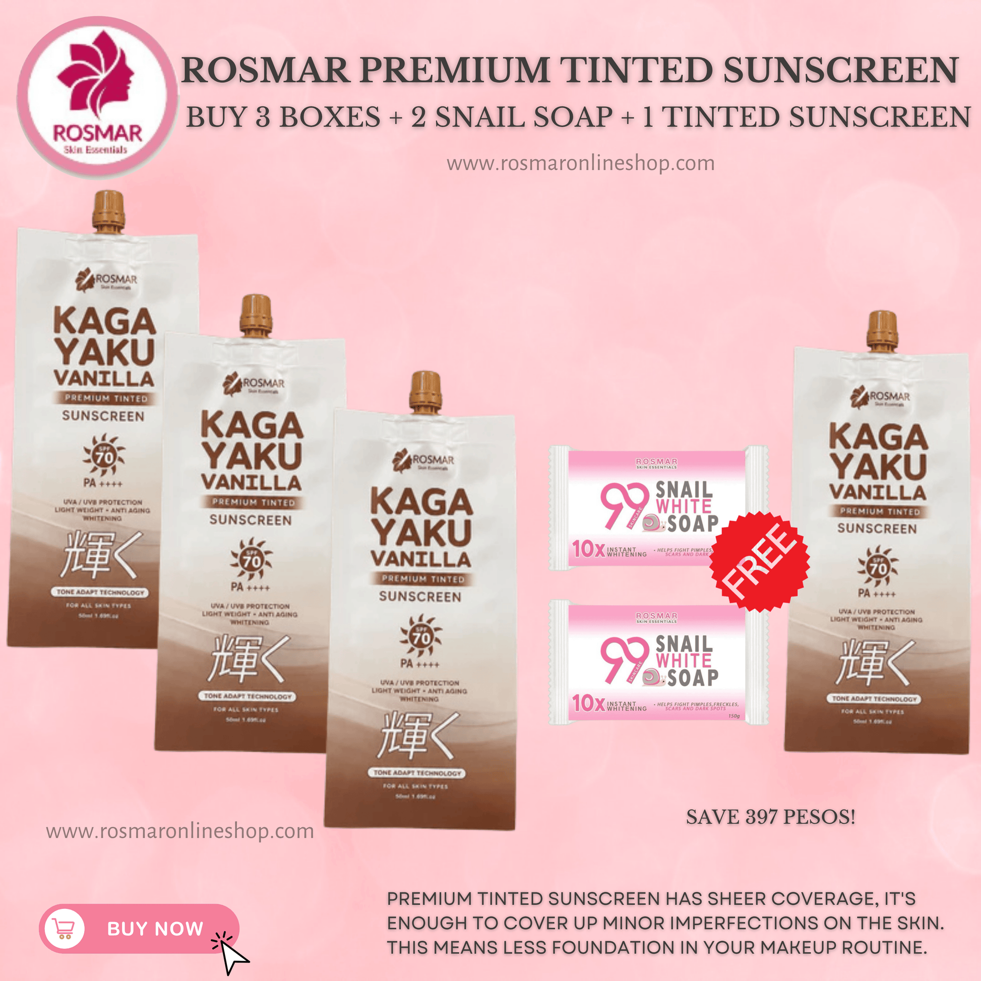 Rosmar Kagayaku Premium Tinted Sunscreen SPF 70 PA ++++ Rosmar Online Shop BUY 3 + GET 2 SNAIL SOAP + TINTED SUNSCREEN