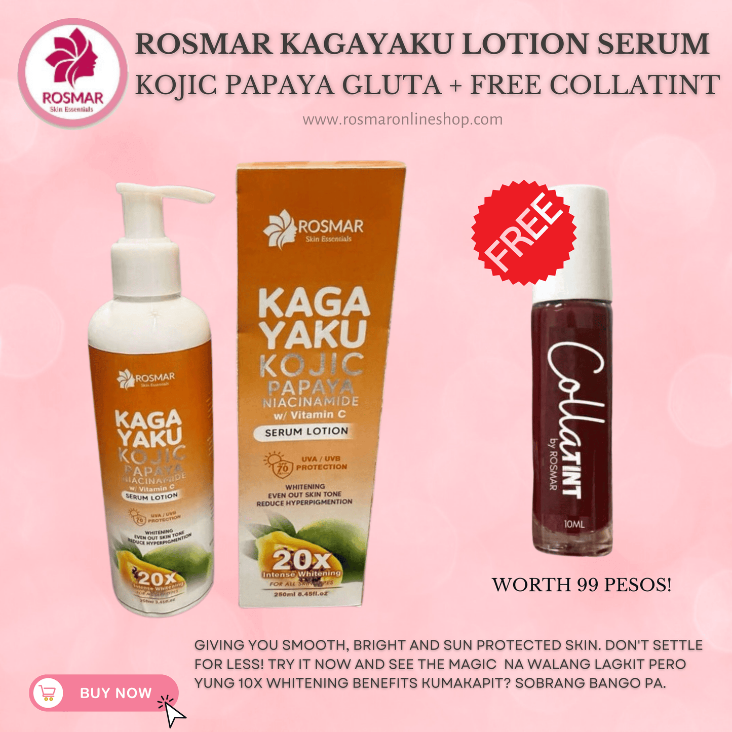 Rosmar Kagayaku Trio Serum Lotion Kojic Papaya Gluta Tawas Calamansi Niacinamide Vit C Rosmar Online Shop KOJIC PAPAYA LOTION + FREE COLLATINT