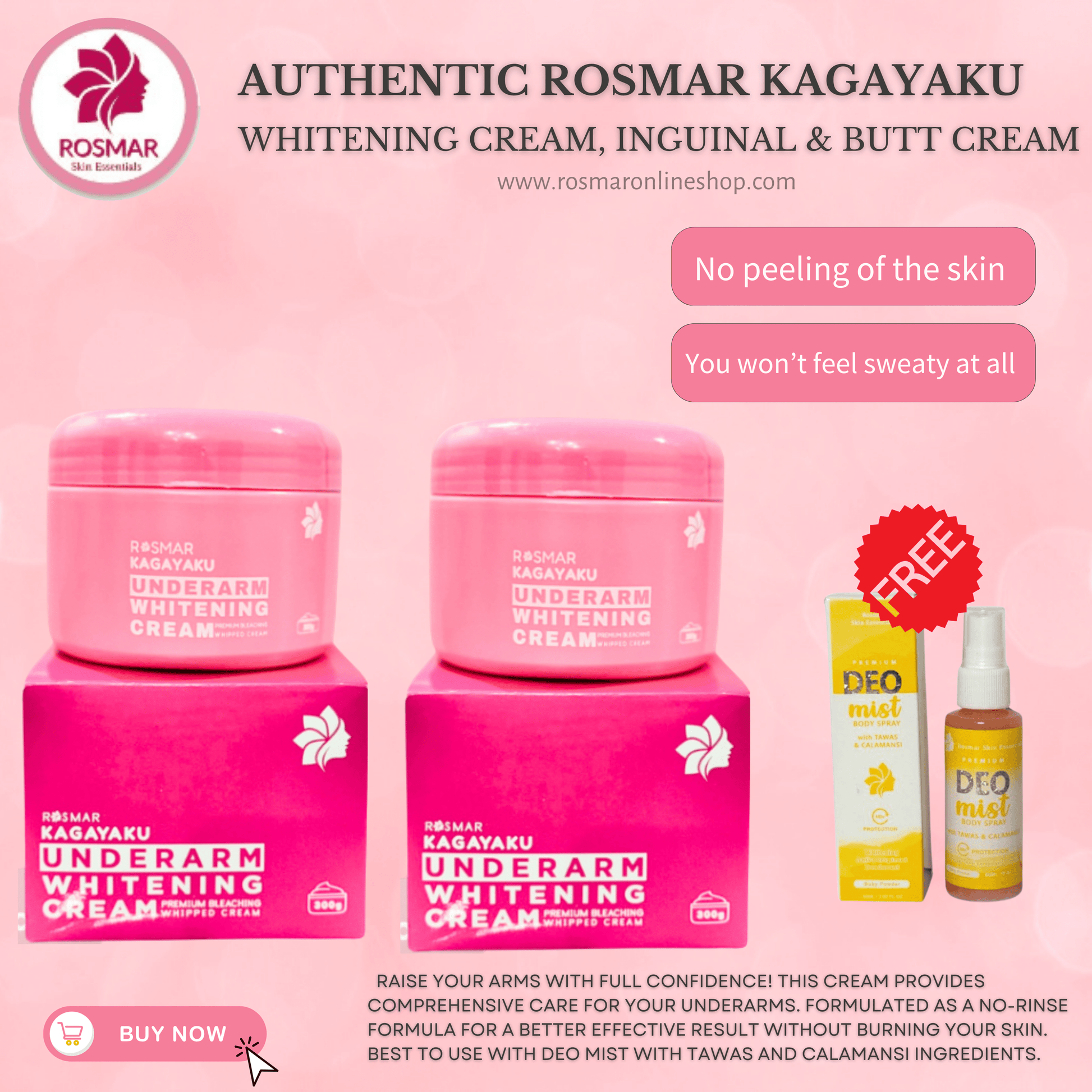 Rosmar Kagayaku Underarm Whitening Cream, Inguinal & Butt Cream And Deo Mist Rosmar Online Shop Underarm Cream + Underarm Cream with FREE Deo Mist