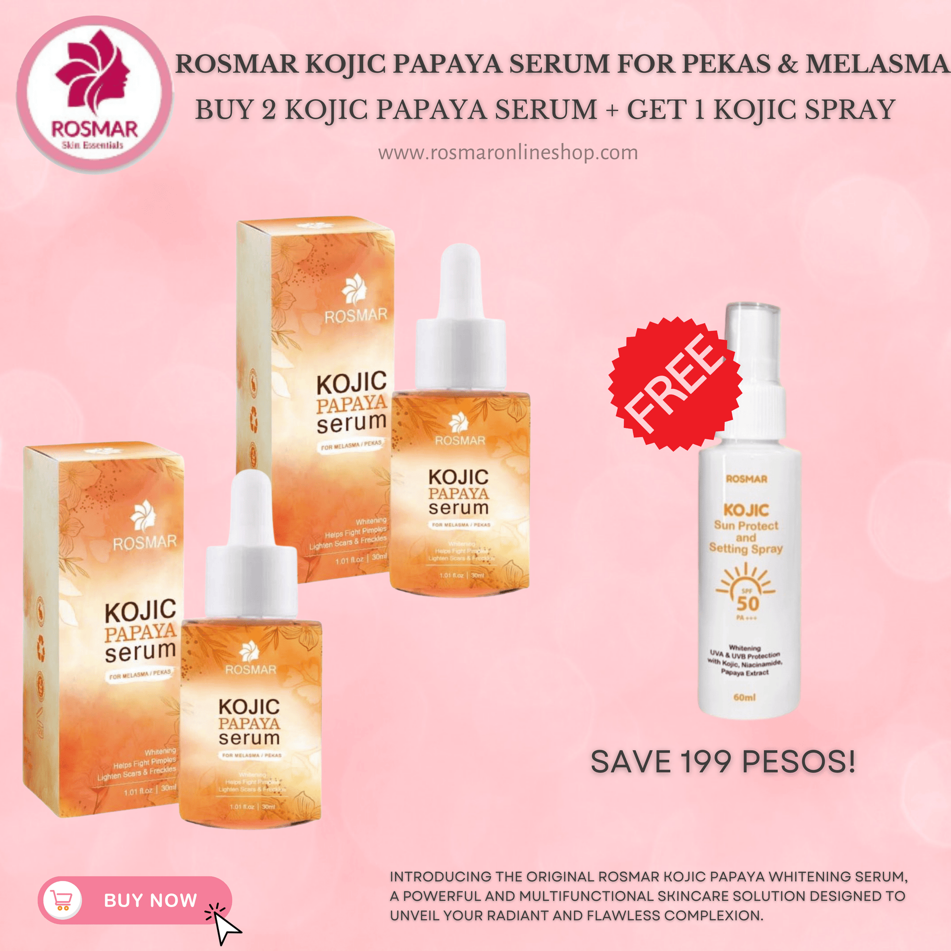 Rosmar Kojic Papaya Serum for Pekas & Melasma | Whitening Dark Spot Remover Rosmar Online Shop 2 PAPAYA SERUM + FREE KOJIC SUN SPRAY