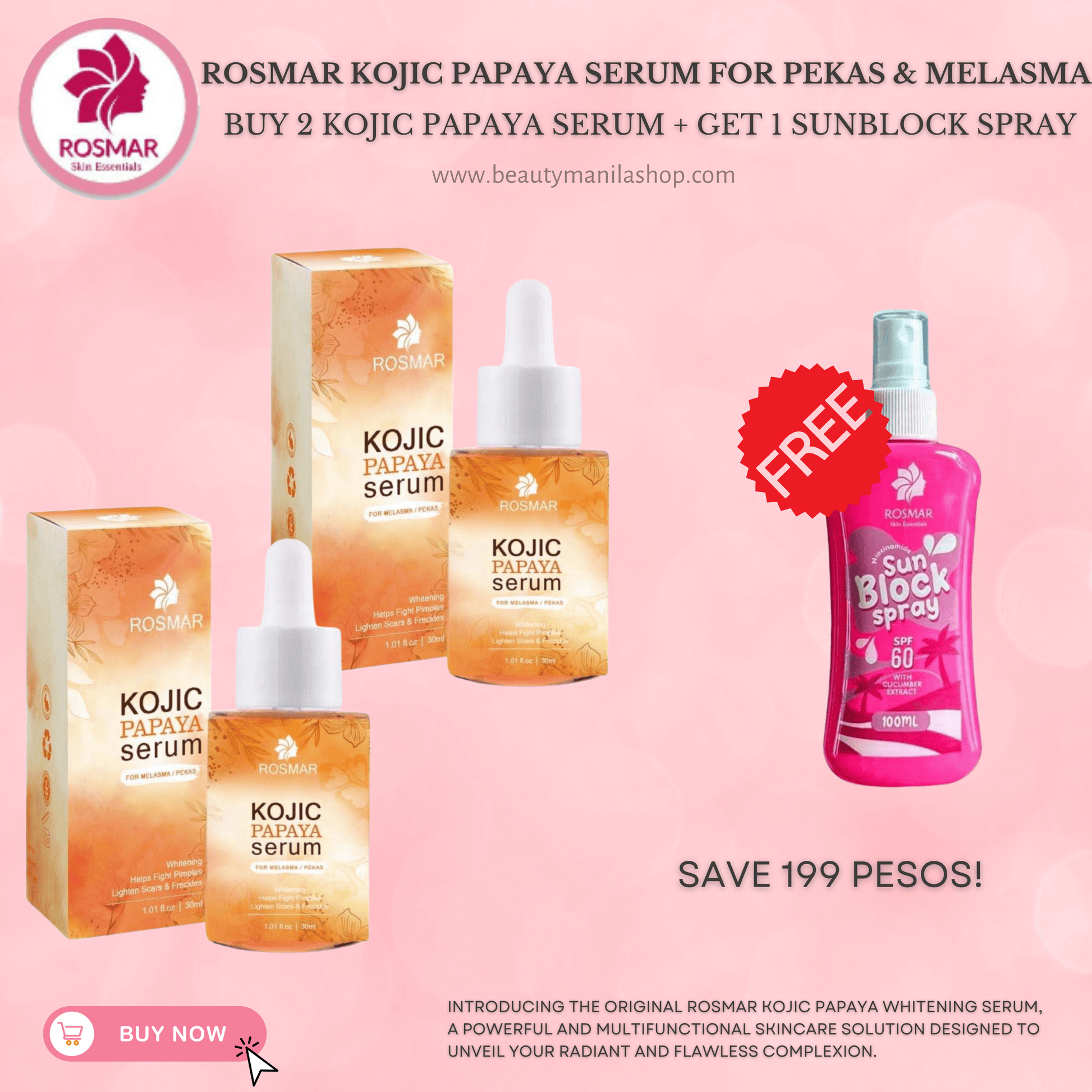 Rosmar Kojic Papaya Serum for Pekas & Melasma | Whitening Dark Spot Remover Rosmar Online Shop 2 PAPAYA SERUM + FREE SUNBLOCK SPRAY