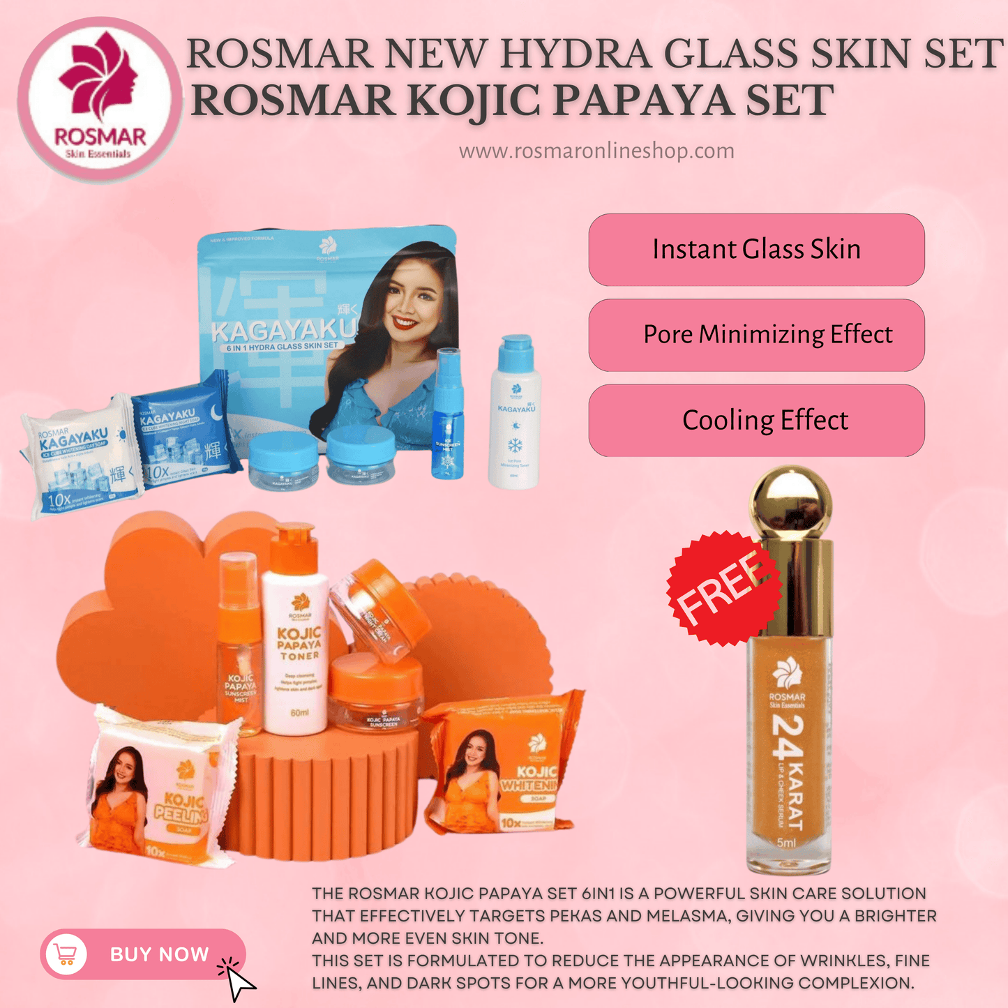 ROSMAR KOJIC PAPAYA SET 6IN1 FOR  PEKAS & MELASMA,DARK SPOTS REMOVAL & PIMPLES Rosmar Online Shop 1 PAPAYA SET + 1 HYDRA SET + FREE 24KARAT