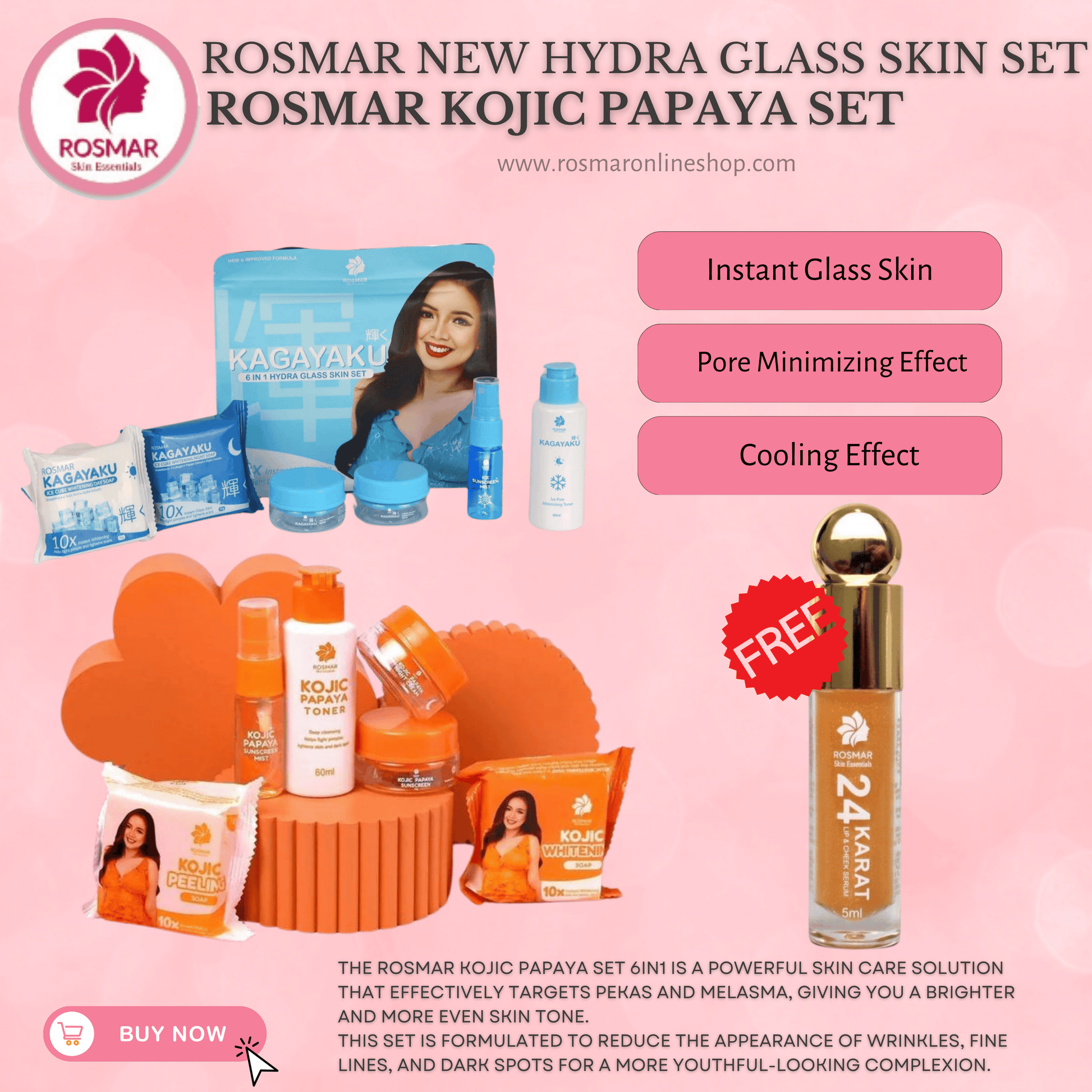ROSMAR KOJIC PAPAYA SET 6IN1 FOR  PEKAS & MELASMA,DARK SPOTS REMOVAL & PIMPLES Rosmar Online Shop 1 PAPAYA SET + 1 HYDRA SET + FREE 24KARAT