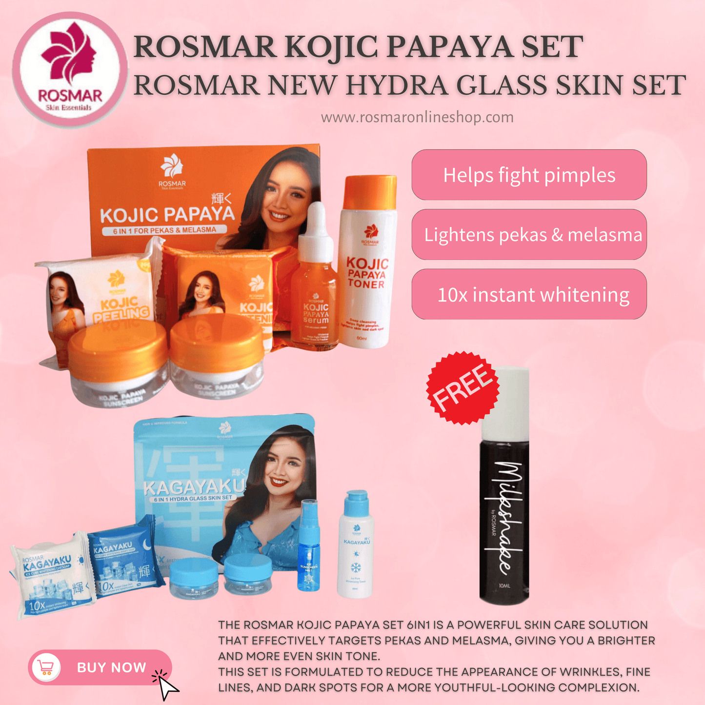 ROSMAR KOJIC PAPAYA SET 6IN1 FOR  PEKAS & MELASMA,DARK SPOTS REMOVAL & PIMPLES Rosmar Online Shop 1 PAPAYA SET + 1 HYDRA SET + FREE MILKSHAKE LIP TINT