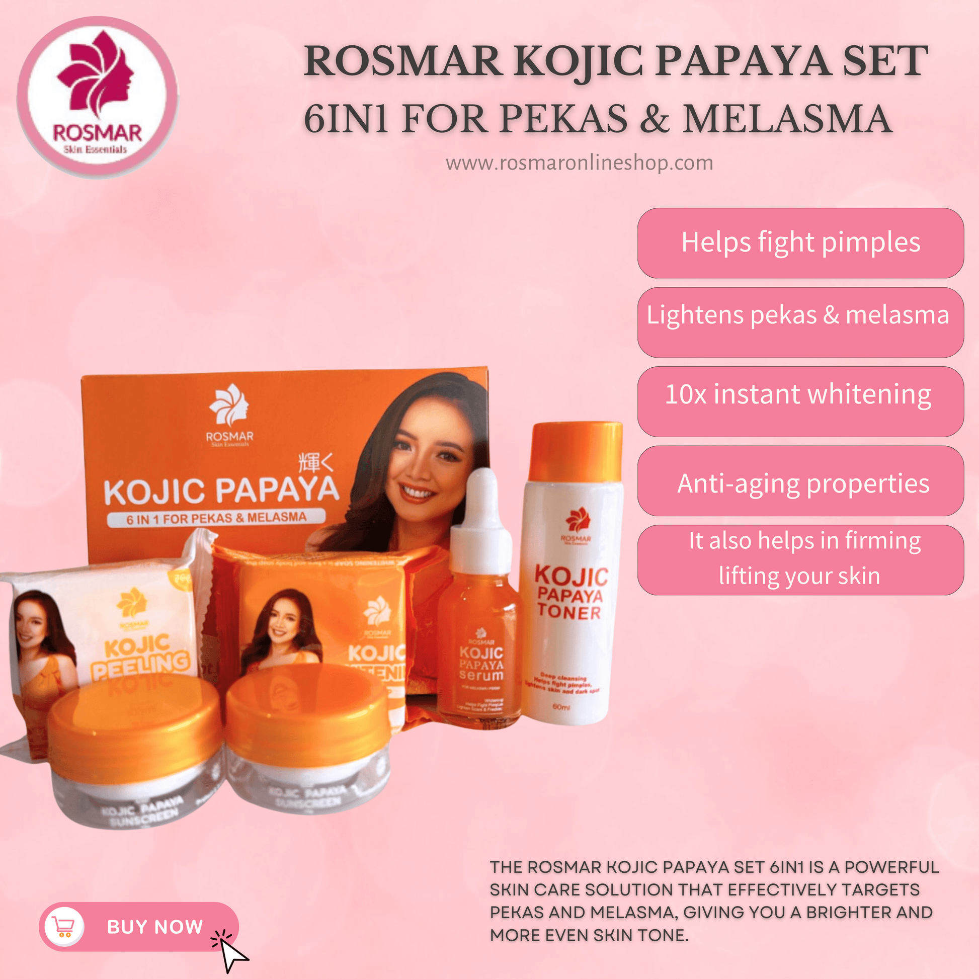 ROSMAR KOJIC PAPAYA SET 6IN1 FOR  PEKAS & MELASMA,DARK SPOTS REMOVAL & PIMPLES Rosmar Online Shop 1 PAPAYA SET