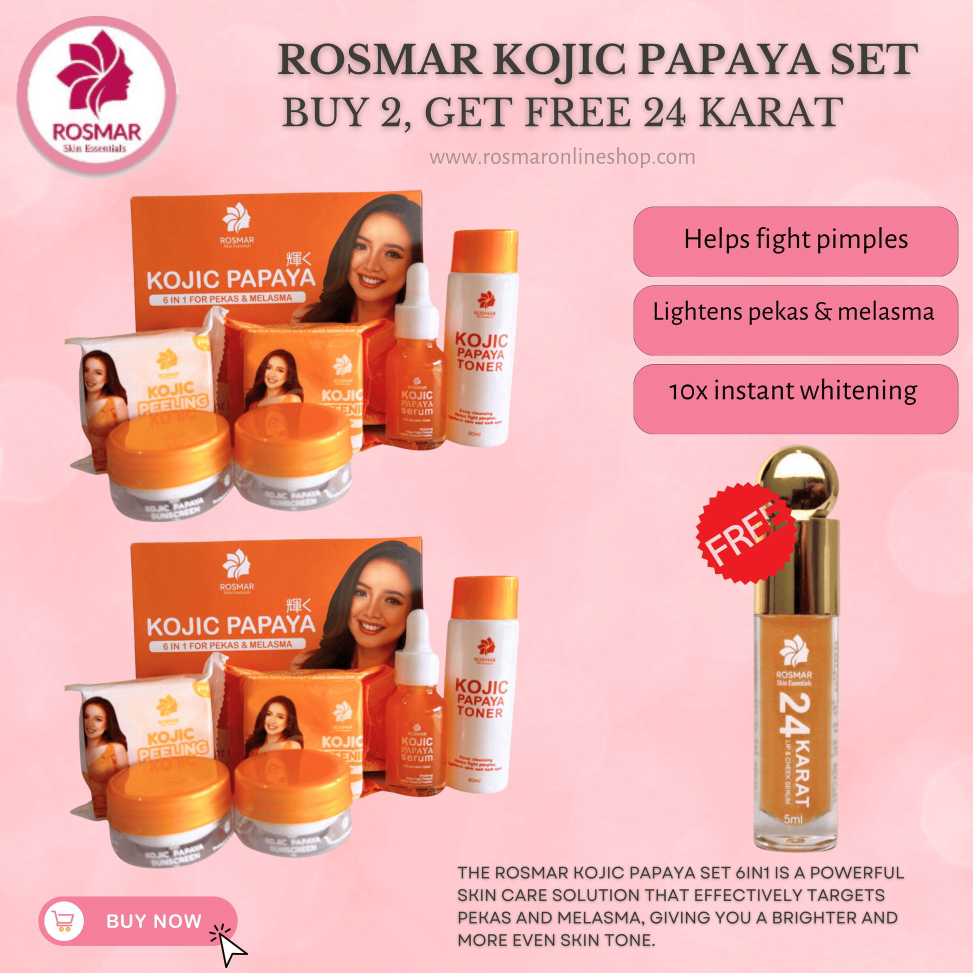 ROSMAR KOJIC PAPAYA SET 6IN1 FOR  PEKAS & MELASMA,DARK SPOTS REMOVAL & PIMPLES Rosmar Online Shop 2 PAPAYA SET + FREE 24KARAT