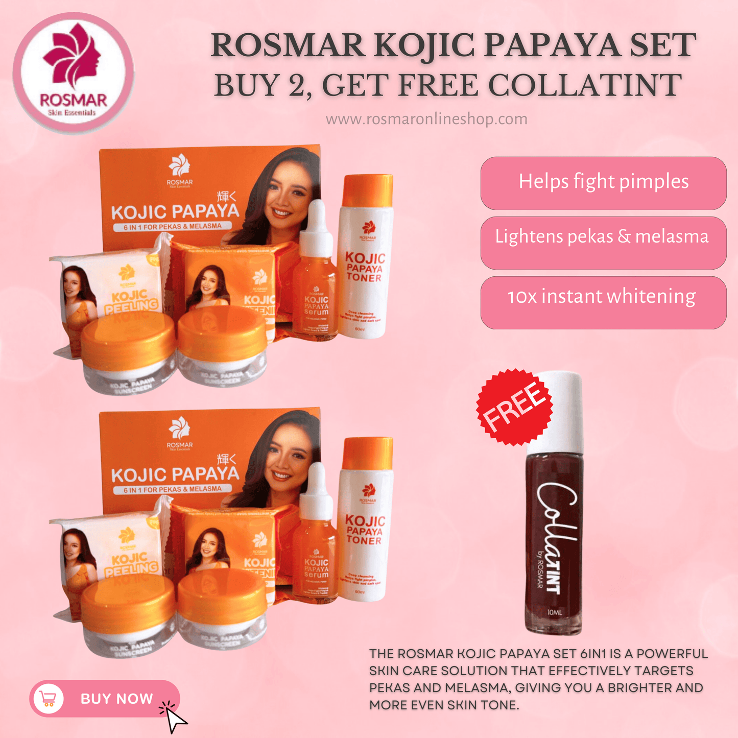 ROSMAR KOJIC PAPAYA SET 6IN1 FOR  PEKAS & MELASMA,DARK SPOTS REMOVAL & PIMPLES Rosmar Online Shop 2 PAPAYA SET + FREE COLLATINT