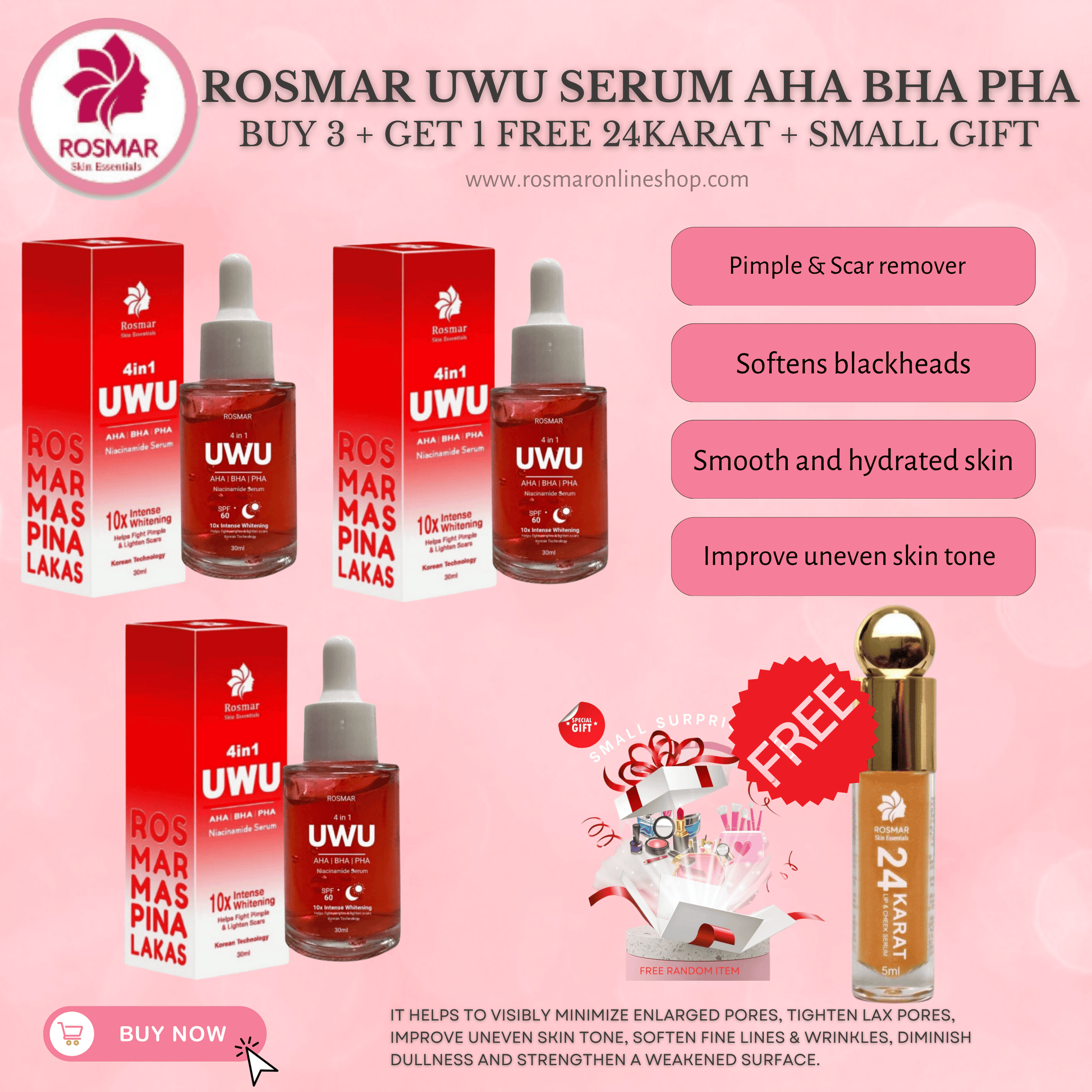 ROSMAR New 4in1 UWU NIACINAMIDE SERUM | AHA BHA & PHA | 30ml Rosmar Online Shop 3 UWU SERUM + FREE 24KARAT + GET 1 FREE GIFT