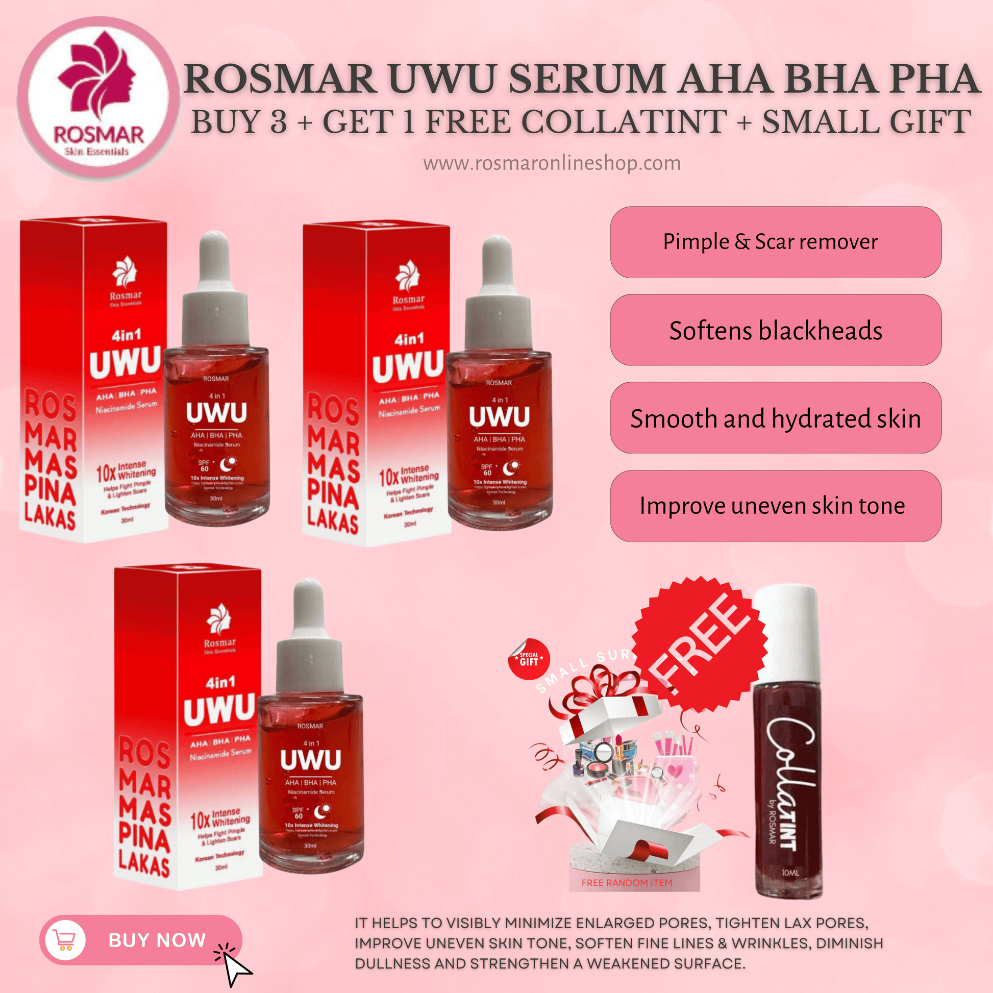 ROSMAR New 4in1 UWU NIACINAMIDE SERUM | AHA BHA & PHA | 30ml Rosmar Online Shop 3 UWU SERUM + FREE COLLATINT + GET 1 FREE GIFT